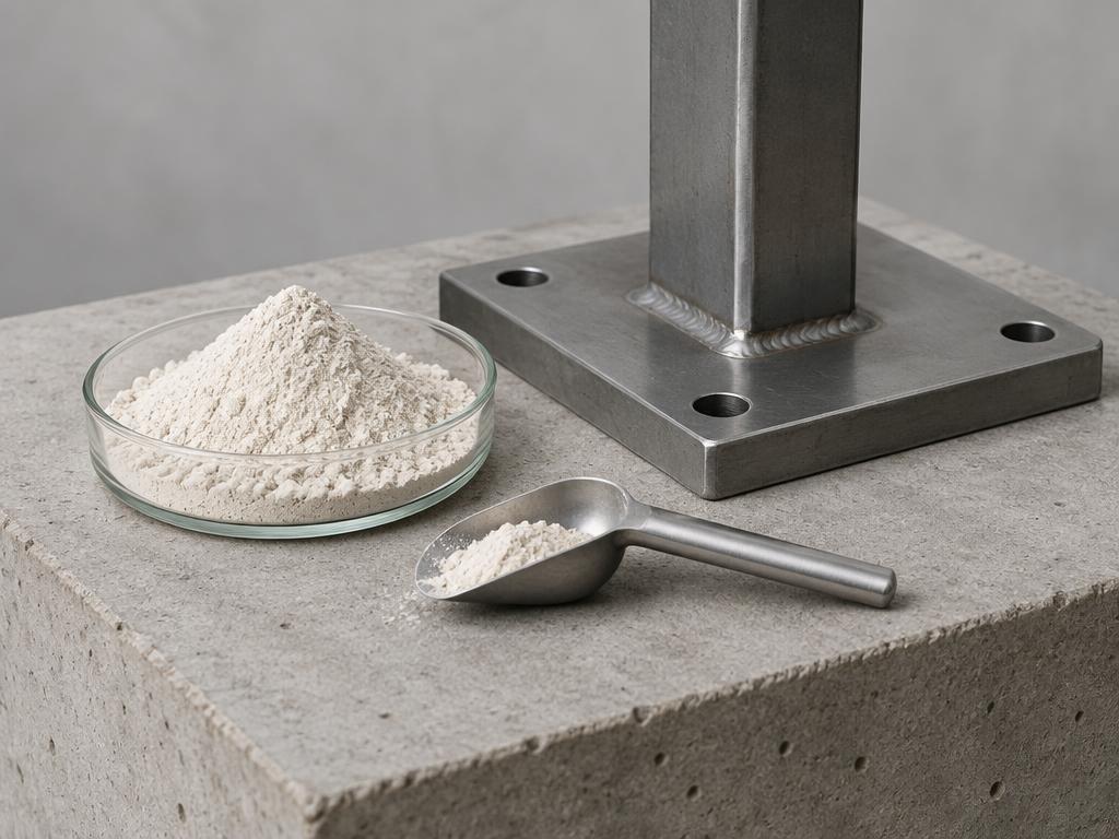 Admixture powder beside a steel baseplate on concrete — generic product illustration