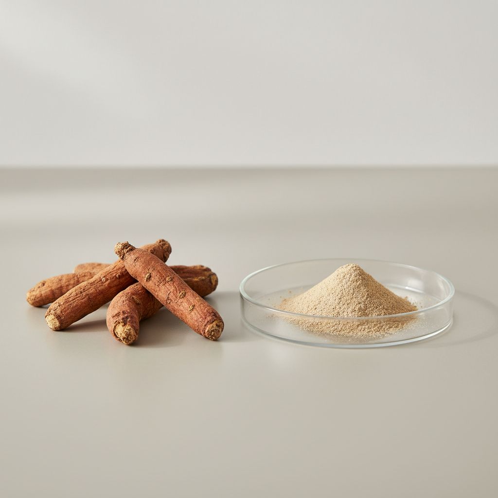 Illustrative studio sample of Notoginseng Root Extract beside Panax notoginseng source material