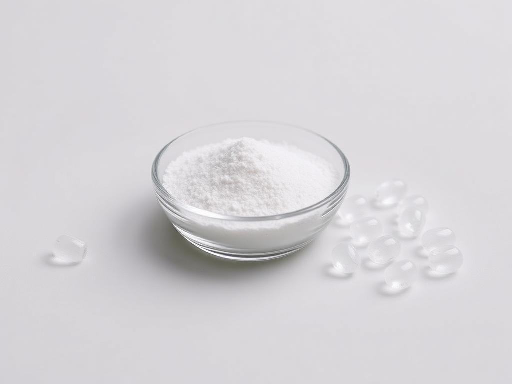Dish of fine white nucleating and clarifying additive powder beside clear moulded pellets on a neutral studio background