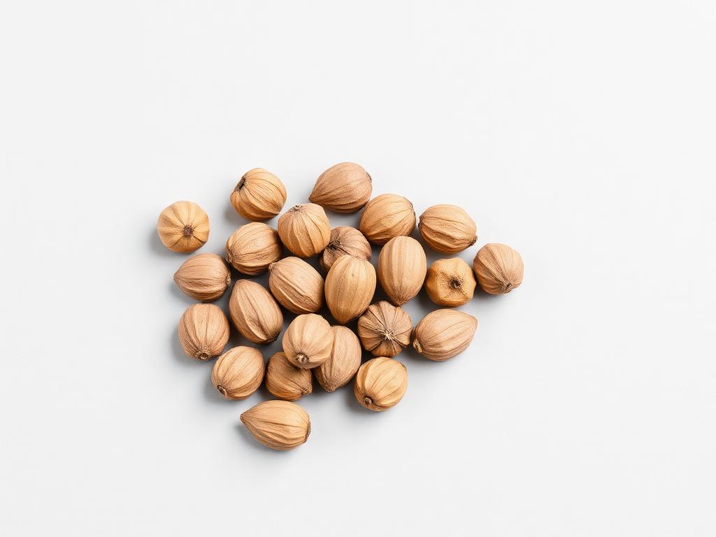 Nutmeg shown as a neutral studio product photograph of the bulk material