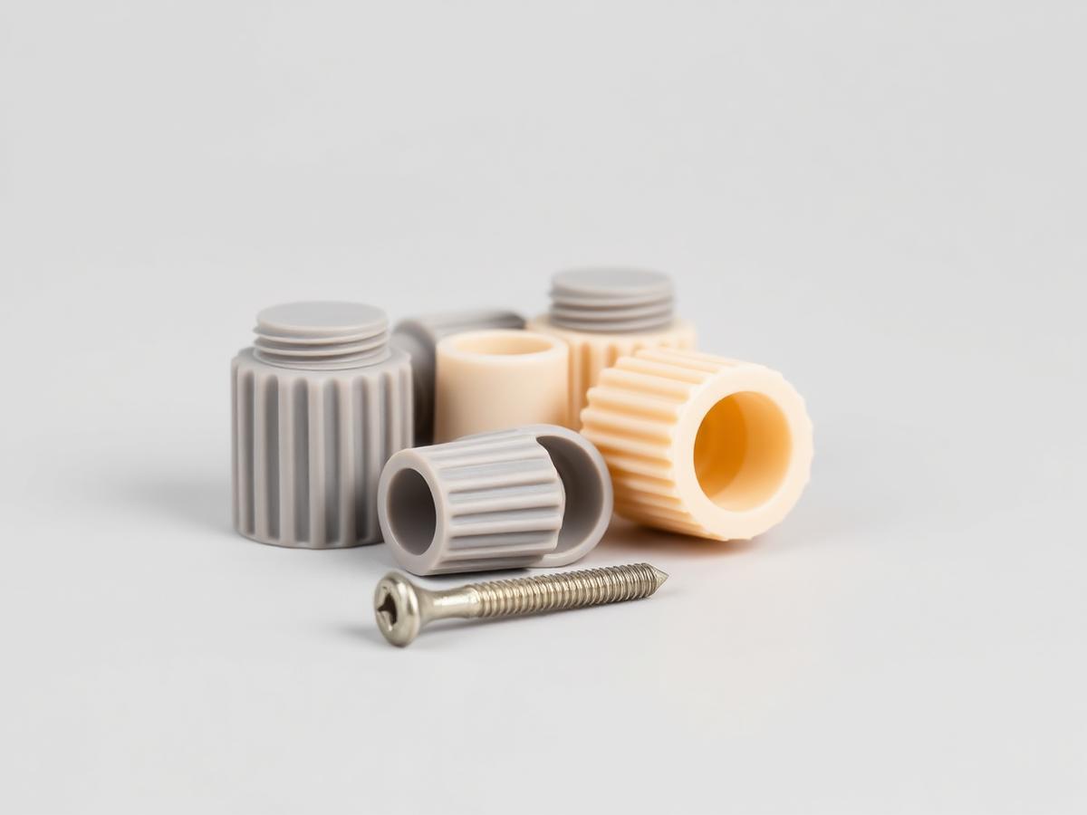 Group of ribbed nylon expansion wall anchors in several diameters shown with a matching screw