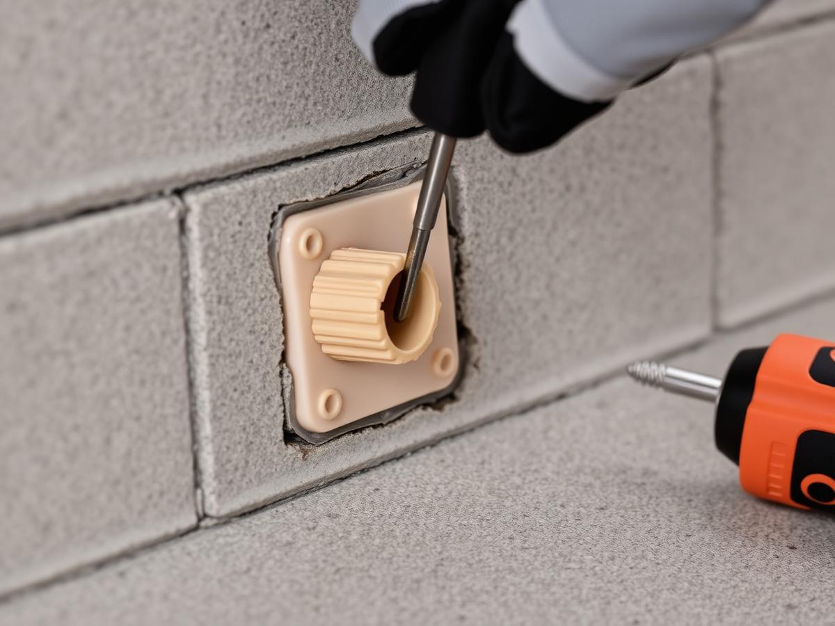 Nylon wall anchor being seated into a drilled hole in a concrete block wall during installation