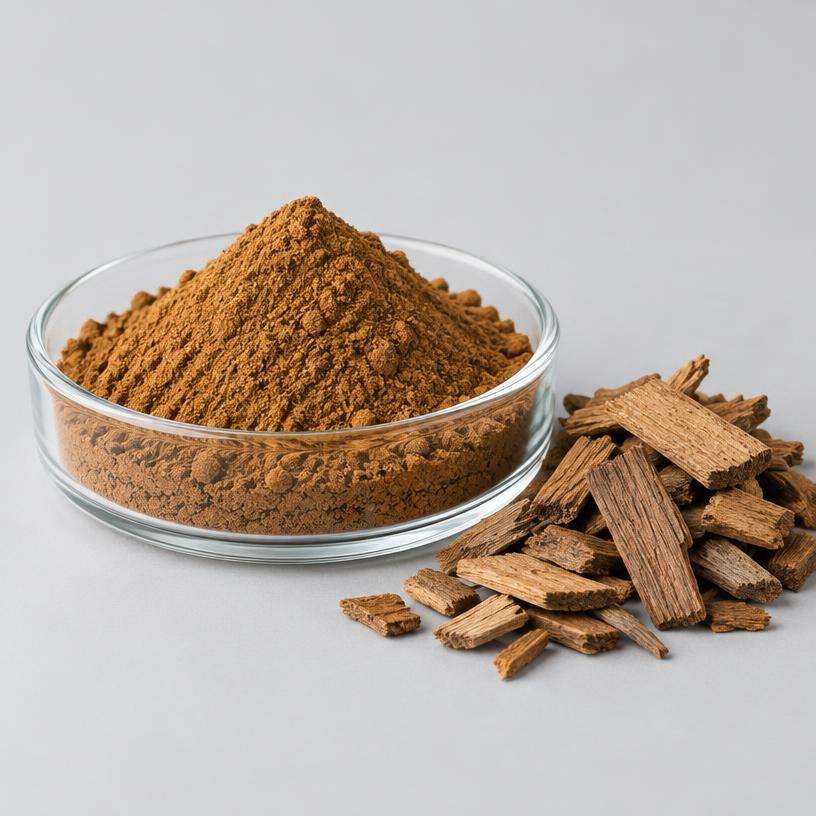 Oak Wood Extract — Supplement Grade — studio photograph of fine extract powder, presented as a B2B sourcing category illustration