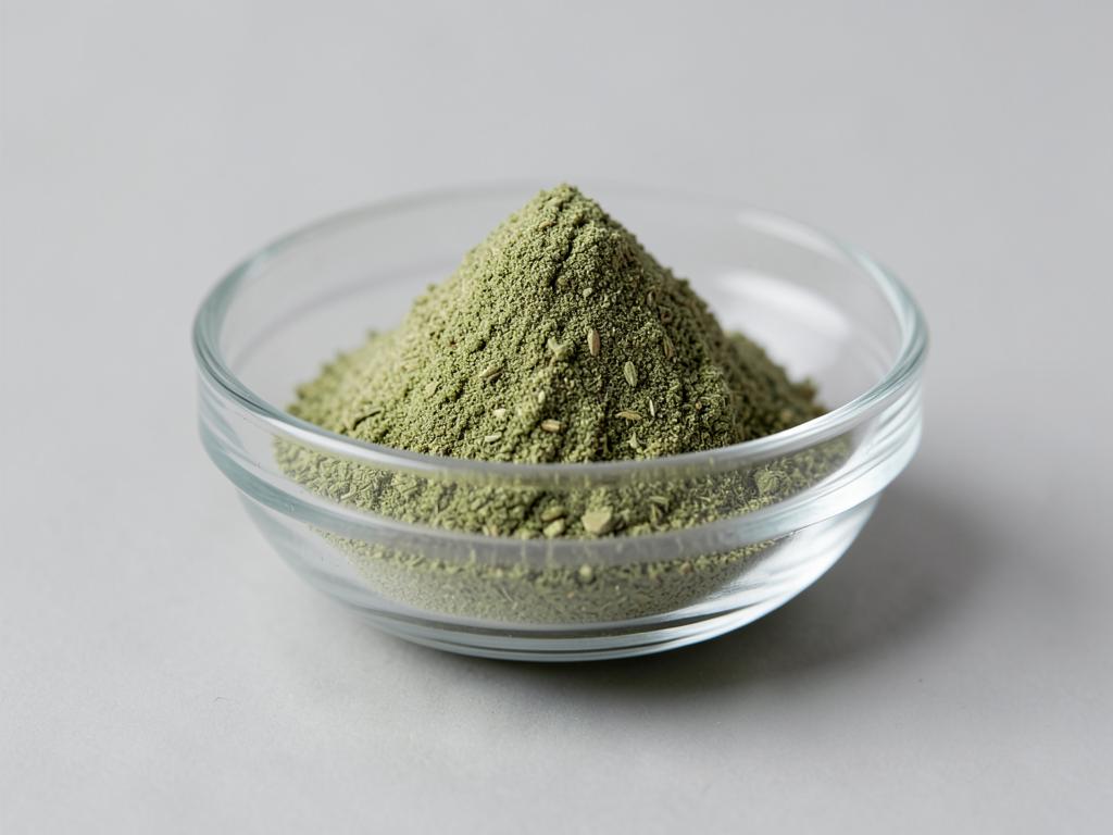 Oat Grass Powder shown as a dried milled botanical powder in a shallow dish in a neutral studio photograph