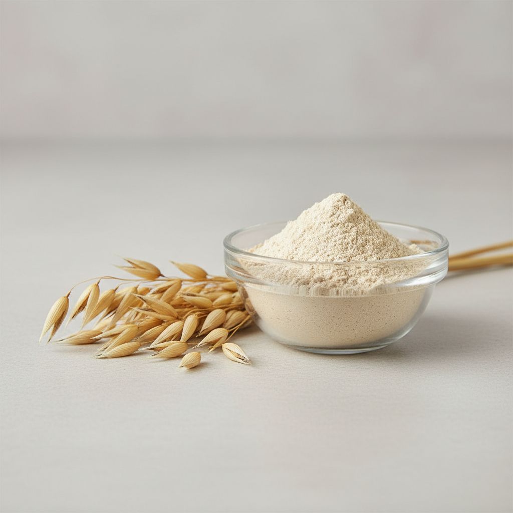 Illustrative studio sample of Oat Powder beside Avena sativa source material