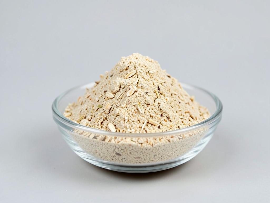 Oat Straw Powder shown as a dried milled botanical powder in a shallow dish in a neutral studio photograph