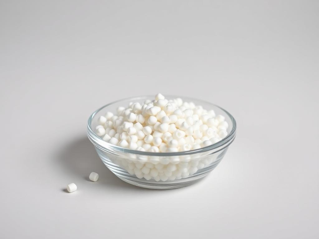 Small heap of white odour neutralizer masterbatch pellets on a neutral studio background