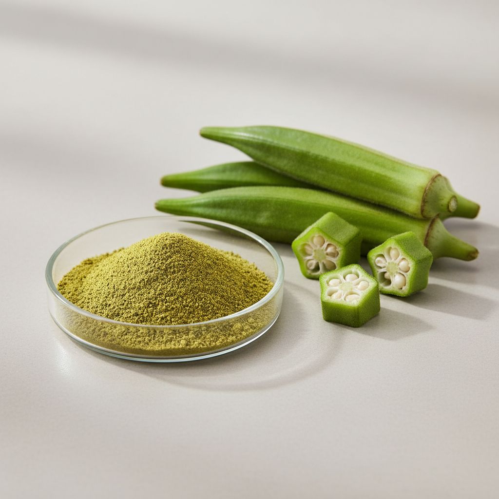 Illustrative studio sample of Okra Extract beside Abelmoschus esculentus source material