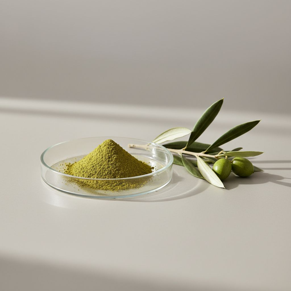 Illustrative studio sample of Olive Leaf Extract beside Olea europaea source material