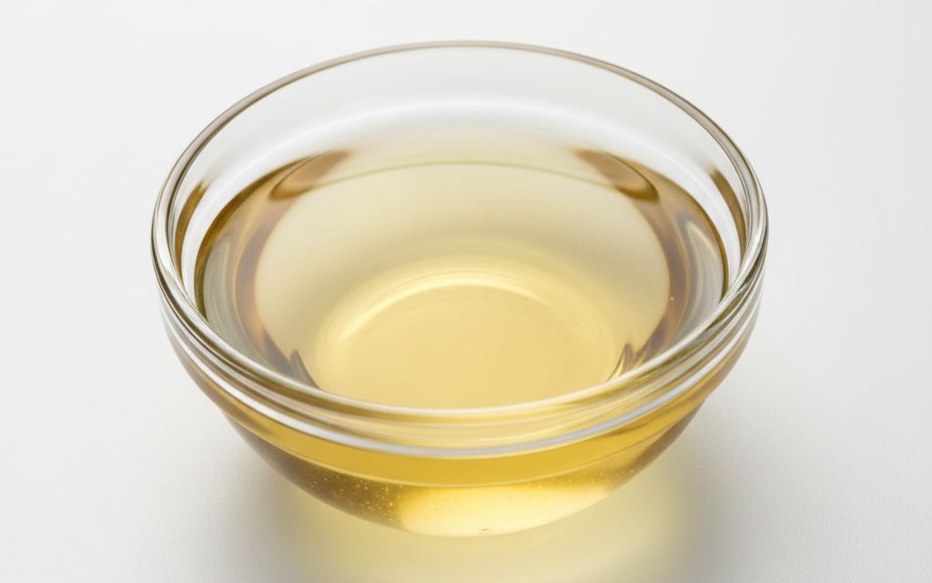 Omega-3 Fish Oil Concentrate — clear, light yellow to golden mobile oil with a refined liquid texture and a characteristic, though neutralized, marine scent, studio product photograph