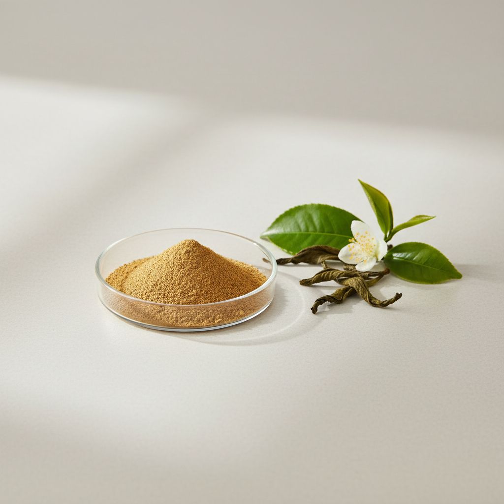 Illustrative studio sample of Oolong Tea Extract beside Camellia sinensis source material