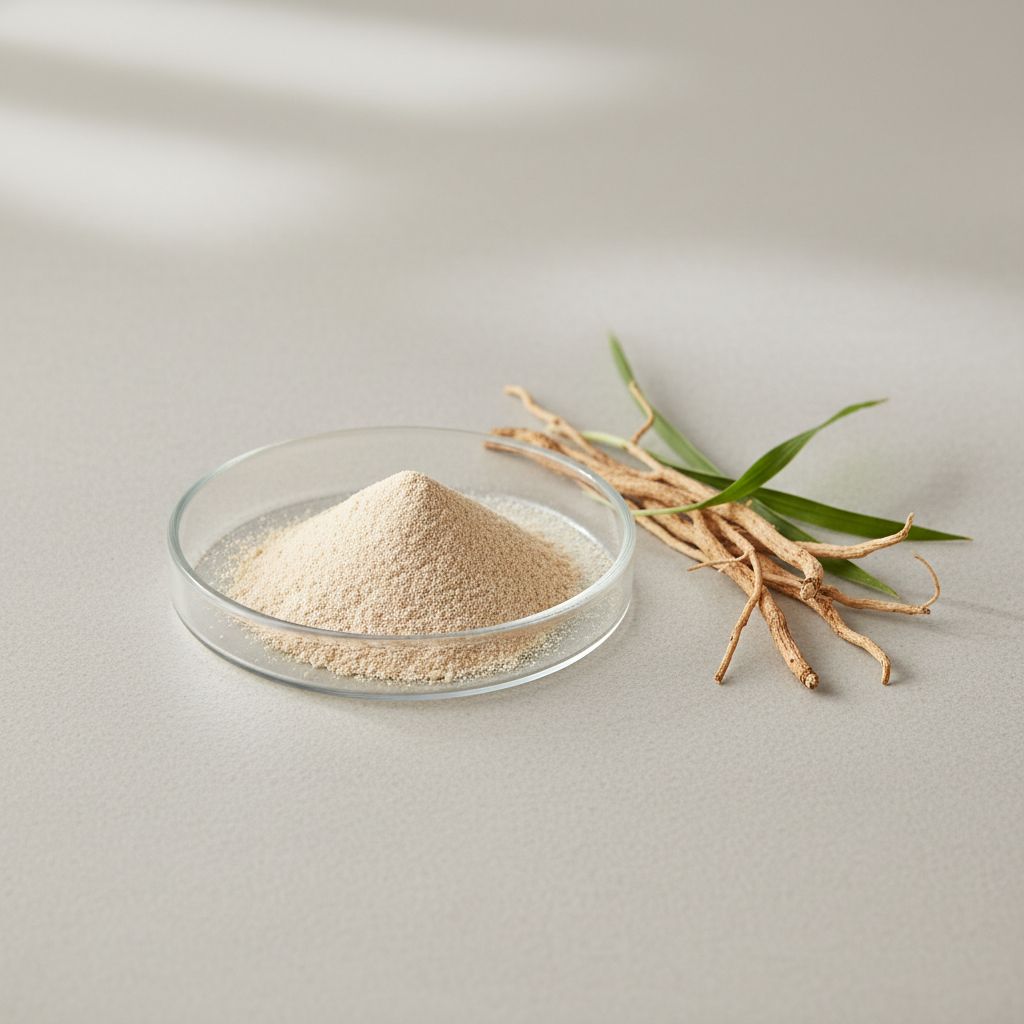 Illustrative studio sample of Ophiopogon Root Extract beside Ophiopogon japonicus source material