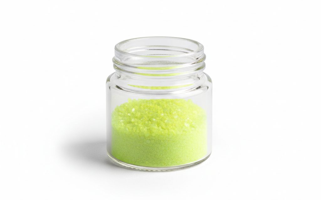 Grade confirmed at quotation — vibrant yellowish-green to bright yellow fine powders or crystalline granules that exhibit a slight fluorescent sheen under light, studio product photograph
