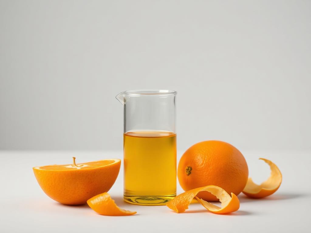 Orange essential oil shown as a neutral studio photograph of a clear unlabelled glass vessel of golden oil beside orange fruit and peel