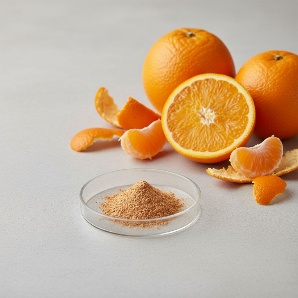 Illustrative studio sample of Orange Peel Extract beside Citrus sinensis / Citrus reticulata source material