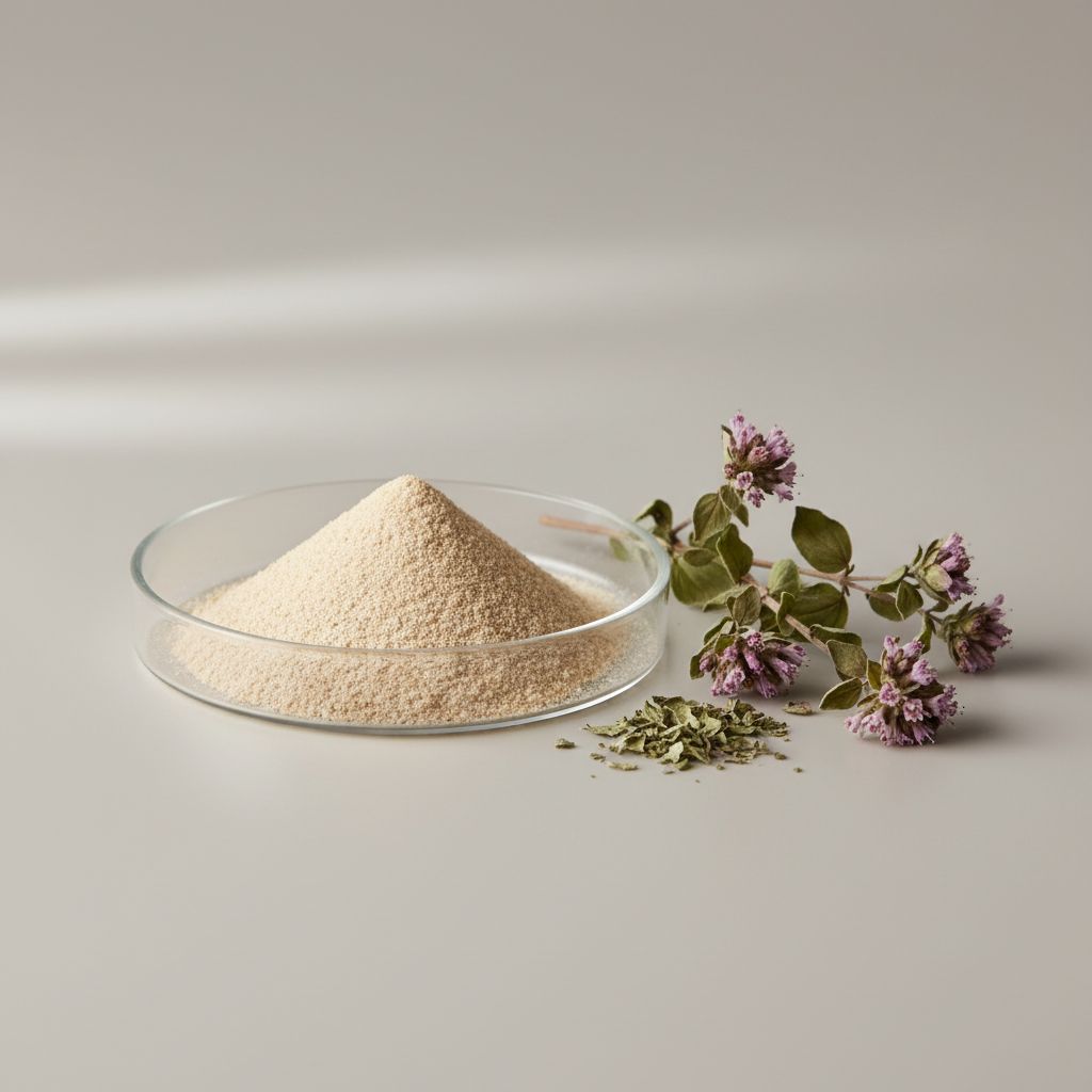 Illustrative studio sample of Oregano (Origanum) Extract beside Origanum vulgare source material