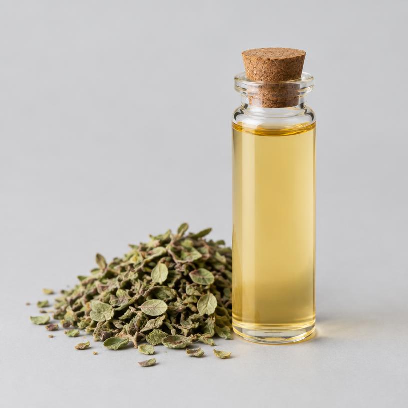 Oregano Oil — Food & Flavour Grade — studio photograph of clear to pale mobile oil, presented as a B2B sourcing category illustration
