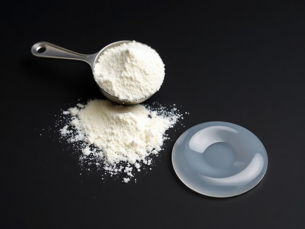 Fine off-white organoclay rheology additive powder in a stainless steel scoop beside a clear thixotropic gel swirl on a matte black studio surface