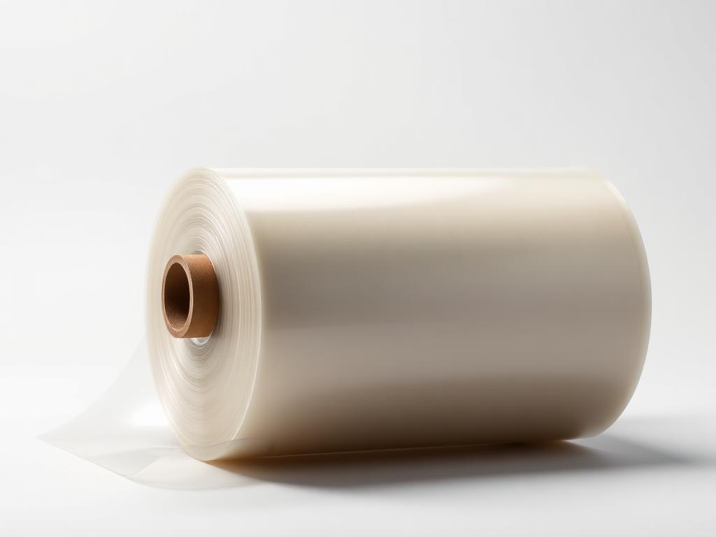 Reel of clear oriented polyethylene packaging film on a neutral studio background