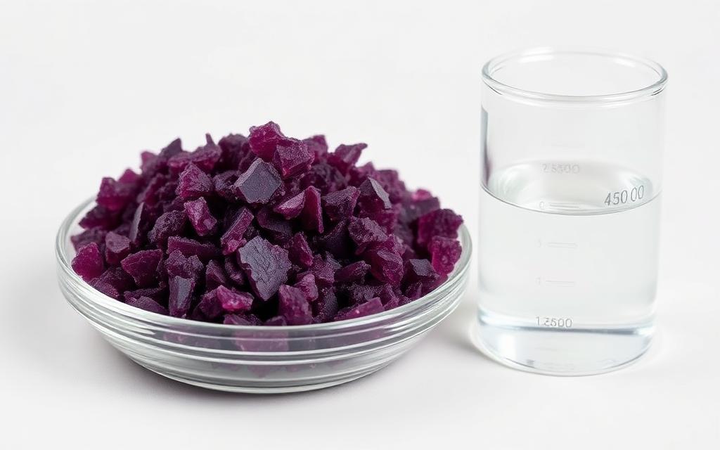 Studio category illustration for oxidation & specialty treatment — dark purple permanganate crystals beside a beaker of water