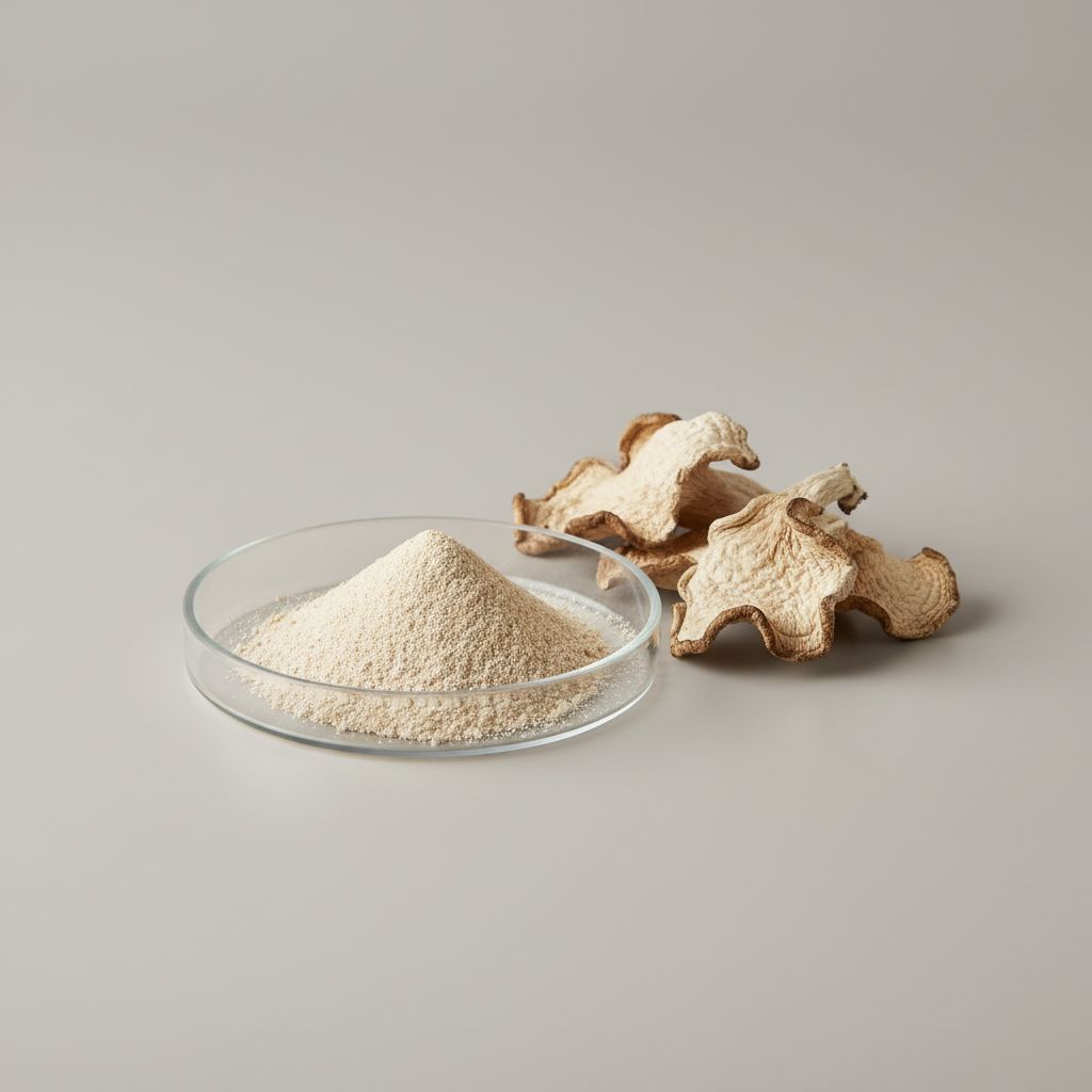 Illustrative studio sample of Oyster Mushroom Extract beside Pleurotus ostreatus source material