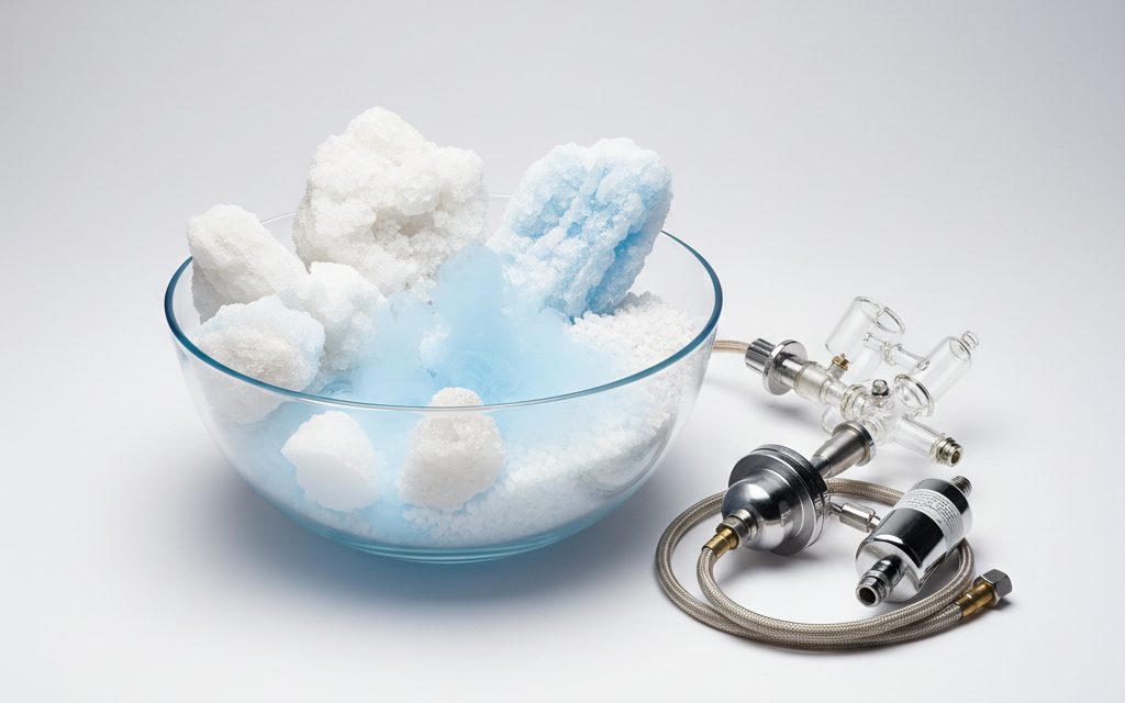 Grade confirmed at quotation — typically supplied as solid reactant salts or high-purity oxygen feed gases alongside specialized technical hardware components, studio product photograph