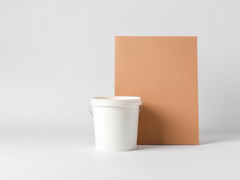 Pail of white functional barrier coating beside a coated paperboard sample on a neutral studio background