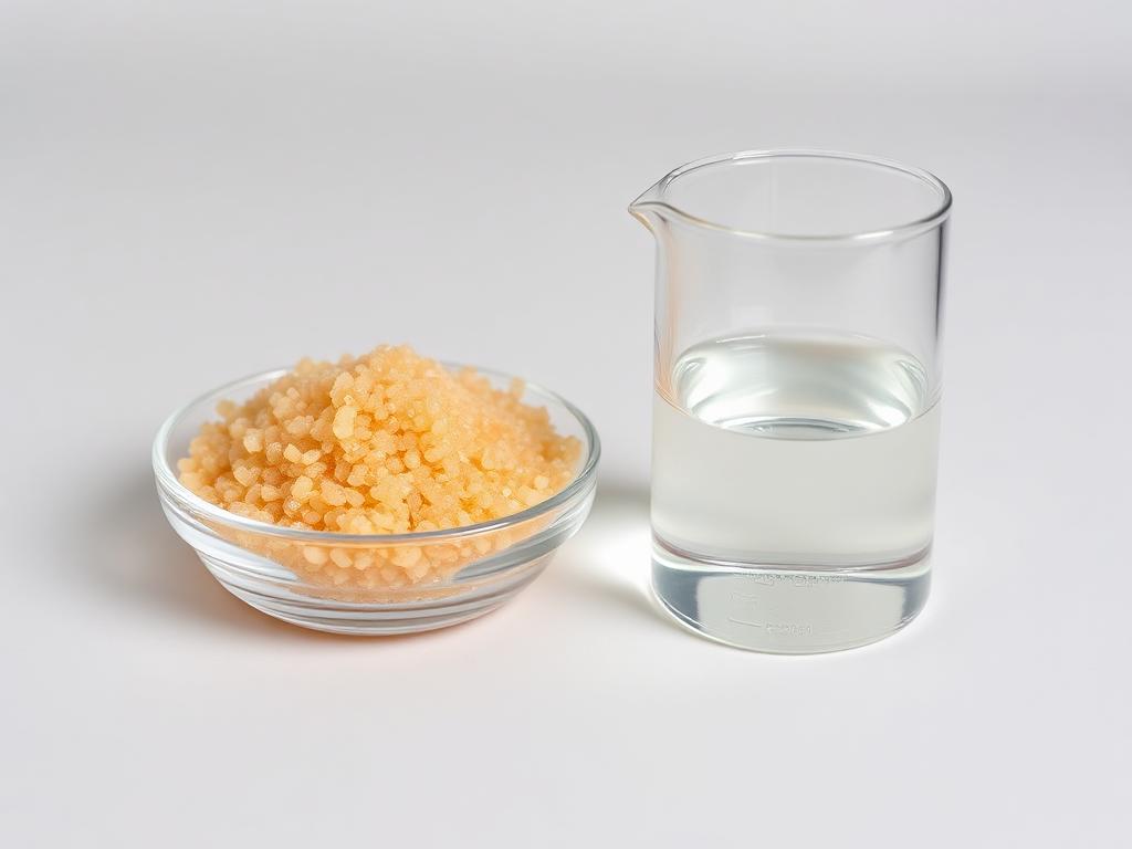Glass dish of pale ink binder resin granules beside a resin solution beaker on a neutral studio background