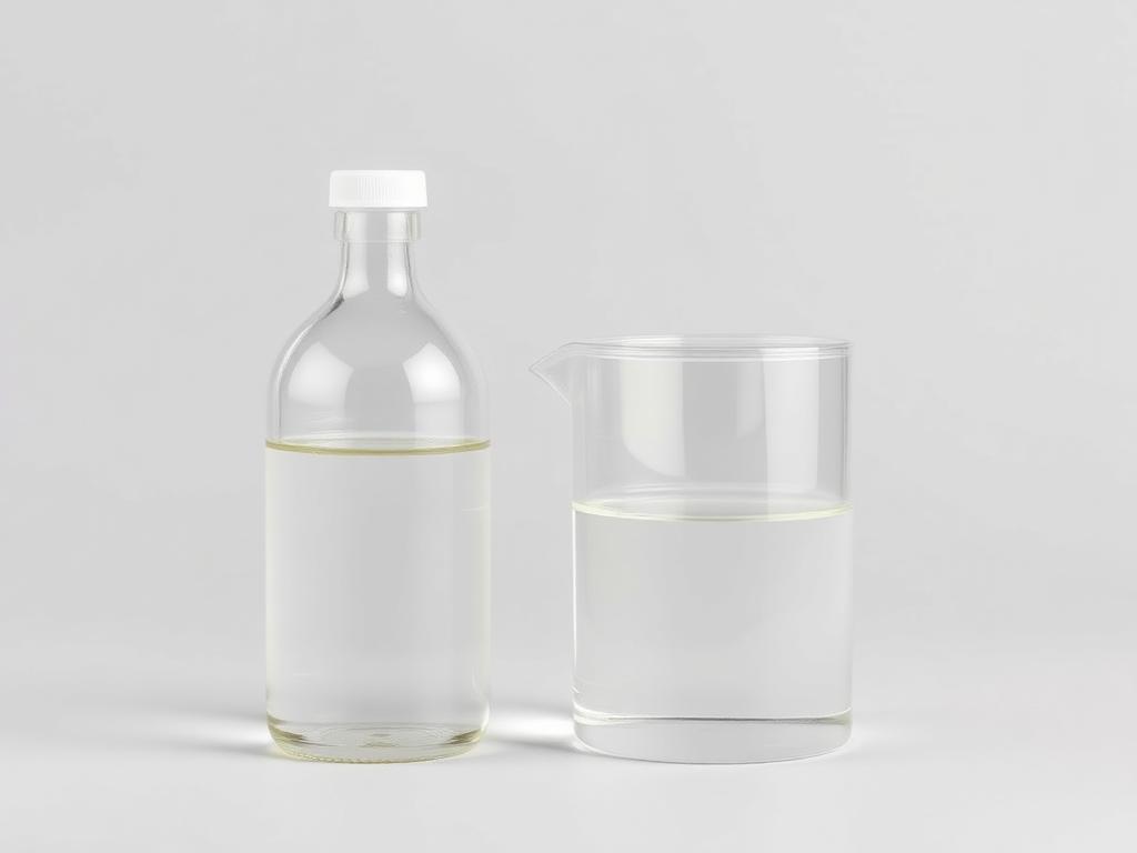 Bottle and beaker of clear converting primer beside a treated film sample on a neutral studio background