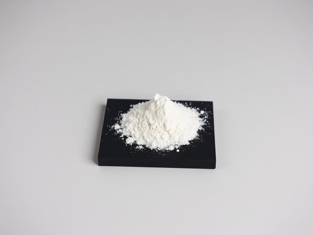 Palmitoylethanolamide shown as a neutral studio product photograph of the bulk material