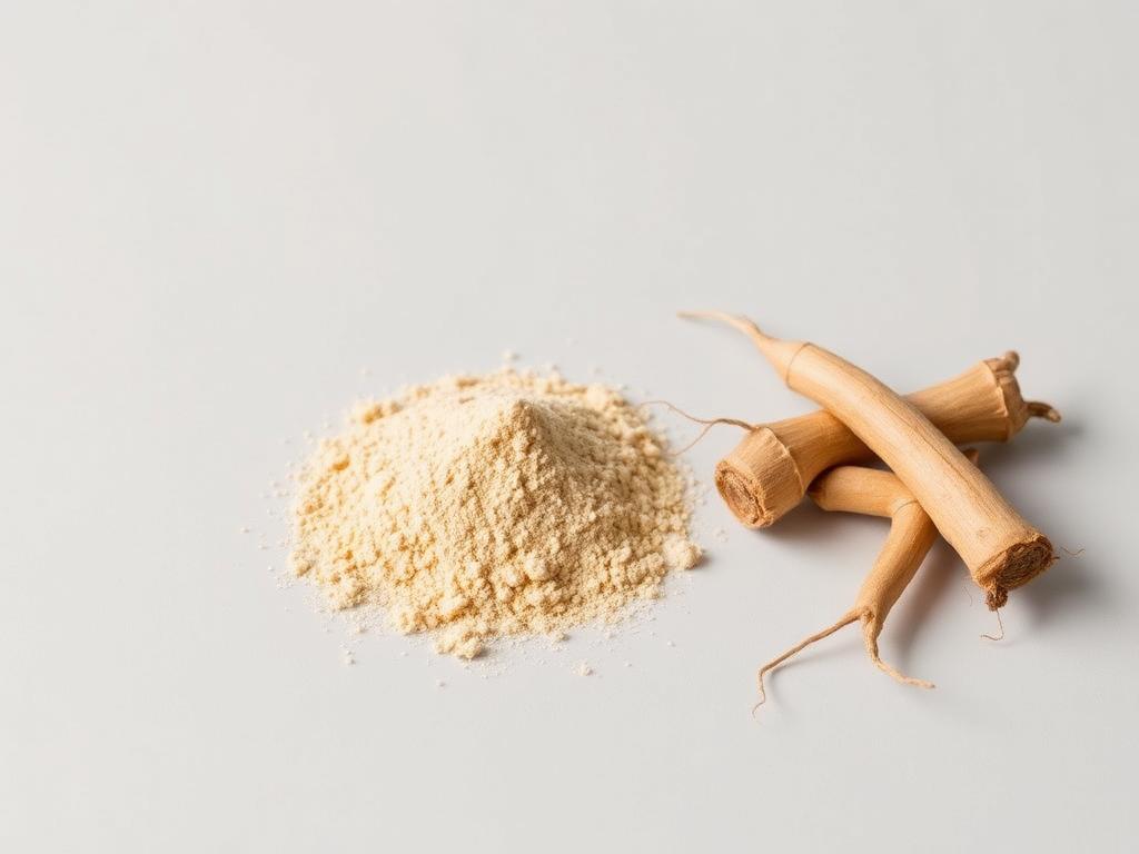 Panax ginseng extract shown as a neutral studio photograph of pale extract powder beside dried ginseng roots