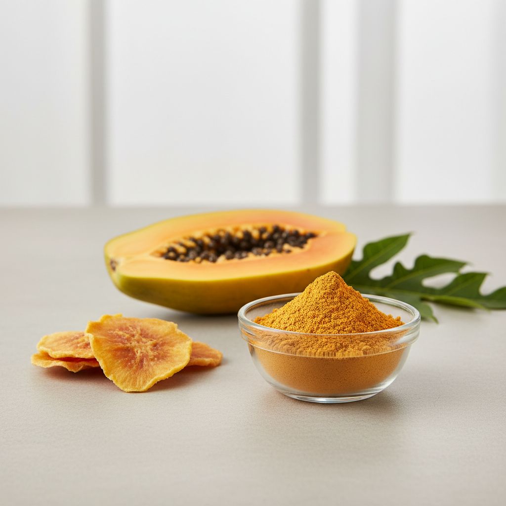 Illustrative studio sample of Papaya Fruit Powder beside Carica papaya source material