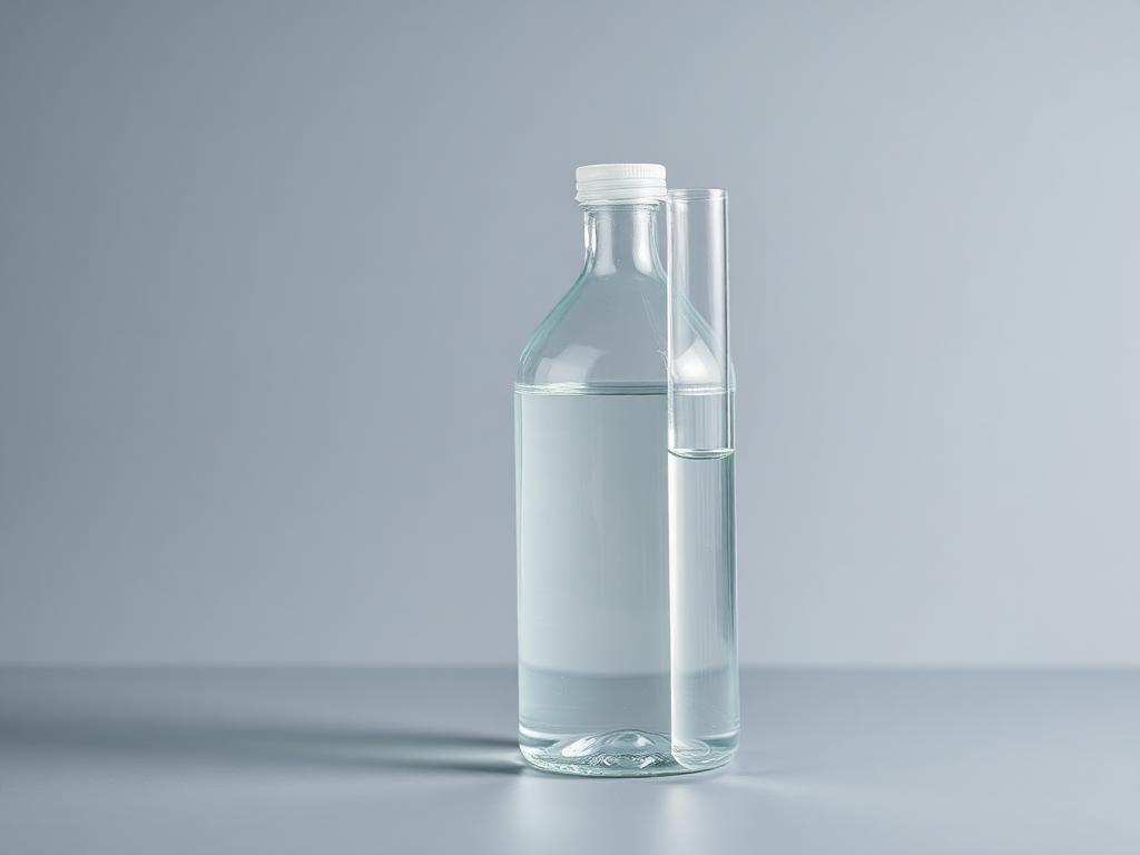 Clear water treatment antiscalant solution in a glass laboratory bottle beside a sample tube on a pale grey studio background