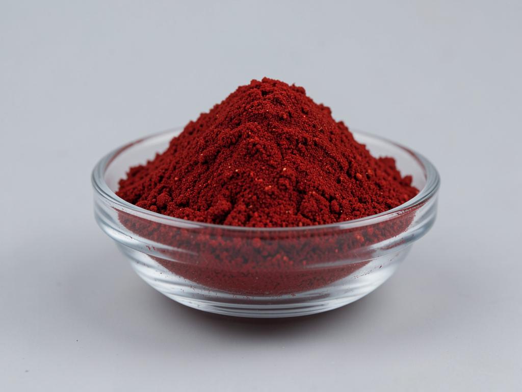 Paprika Powder shown as a milled spice powder in a shallow dish in a neutral studio photograph