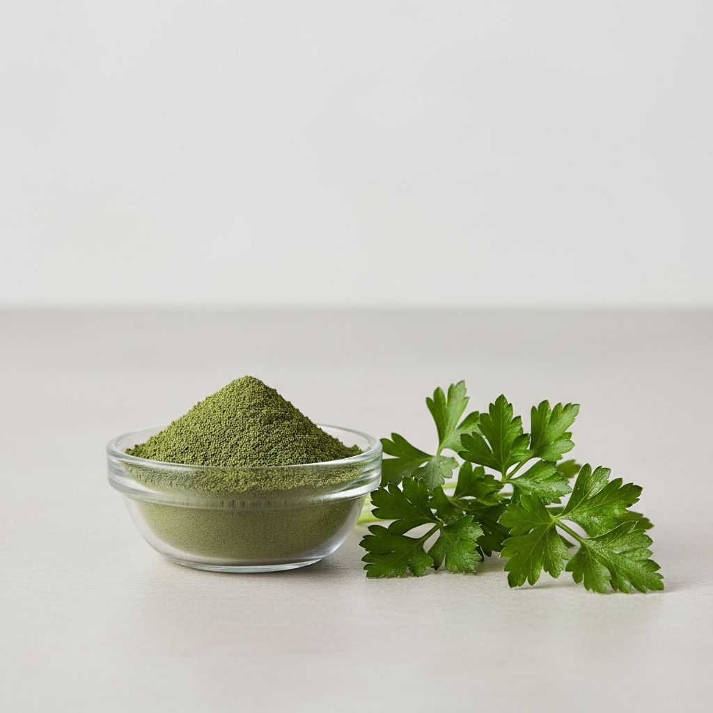 Illustrative studio sample of Parsley Juice Powder beside Petroselinum crispum source material
