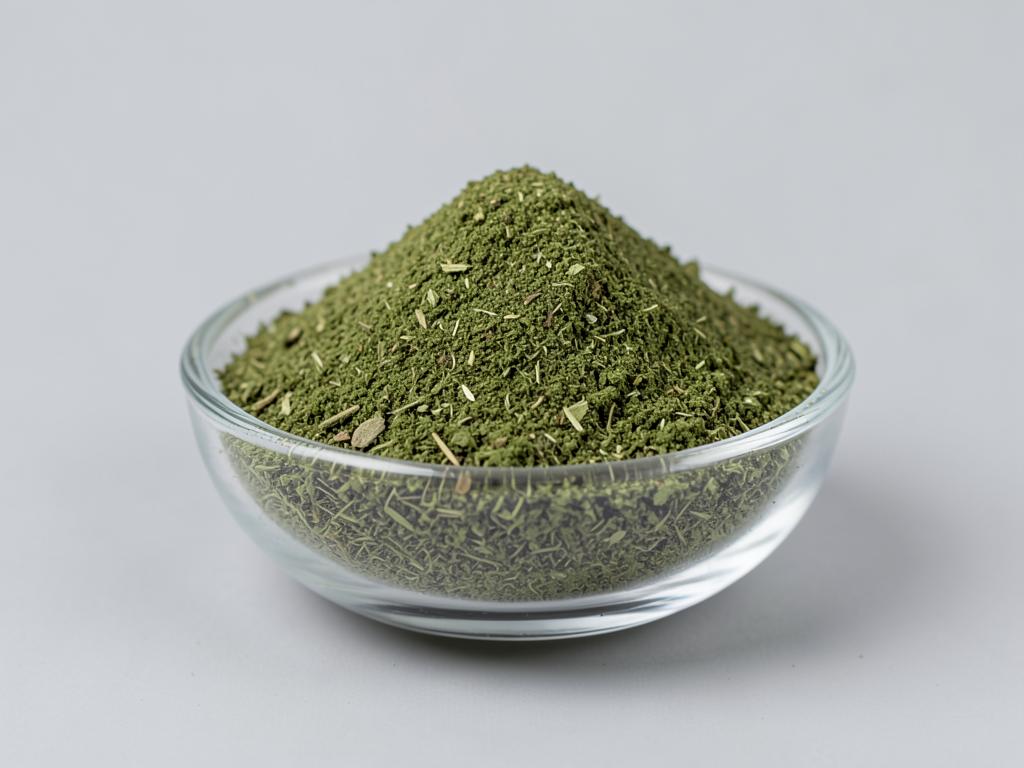Parsley Powder shown as a milled spice powder in a shallow dish in a neutral studio photograph