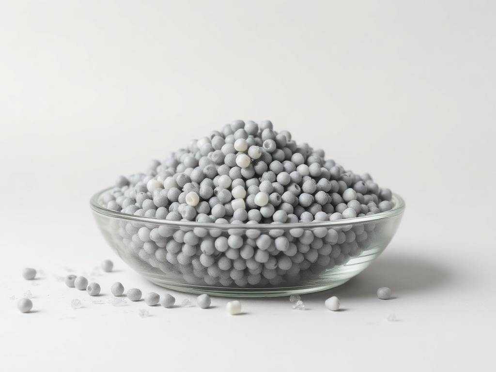 Small heap of grey post-consumer recycled polyethylene pellets on a neutral studio background