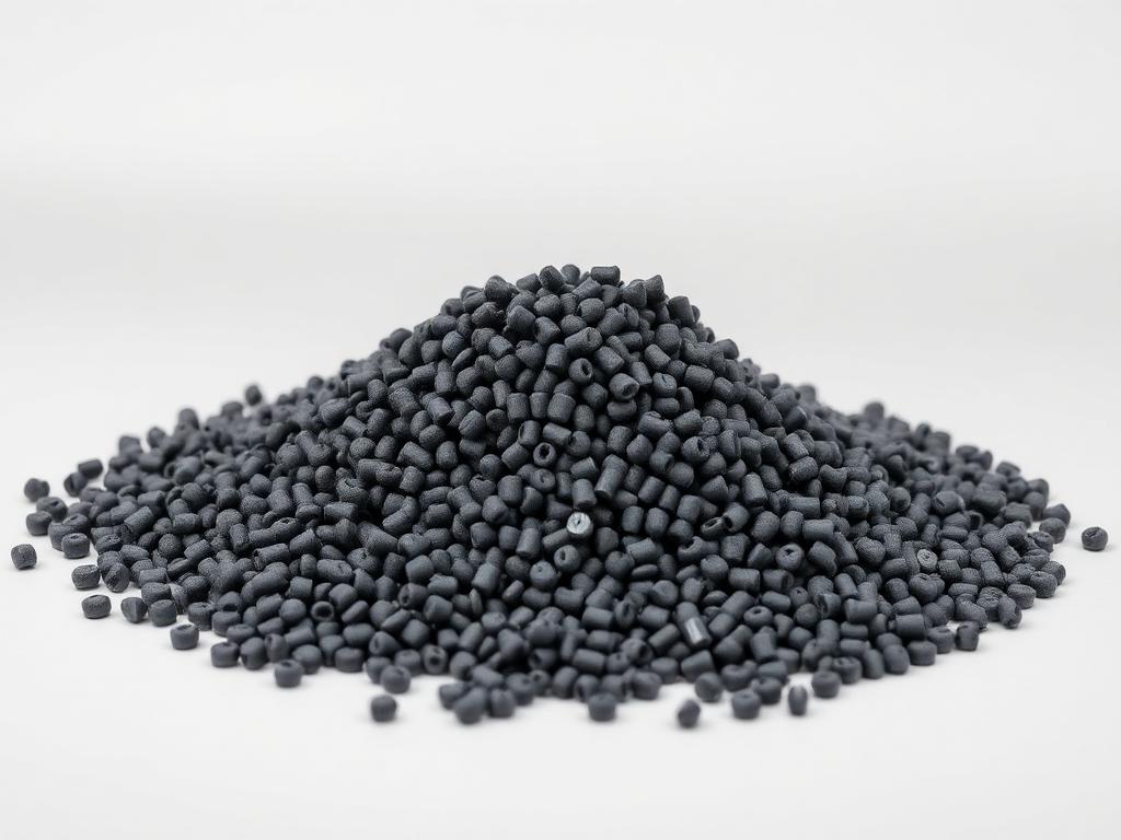 Small heap of grey post-consumer recycled polypropylene pellets on a neutral studio background