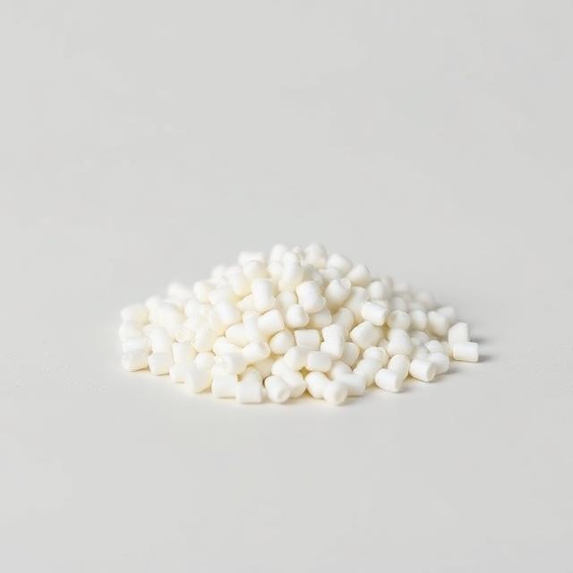 White polyethylene masterbatch pellets shown as a neutral studio product photograph