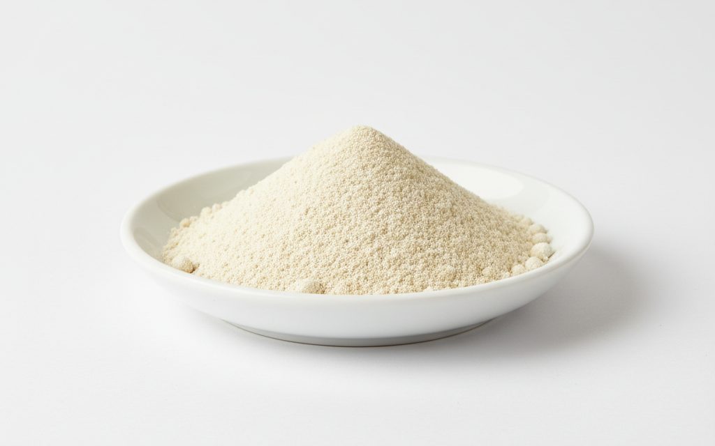 Pea Fibre — a cream-colored to light beige powder with a bland taste and slightly gritty texture, typical of pulse-derived dietary fibers, studio product photograph