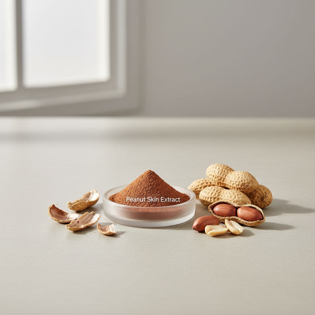Illustrative studio sample of Peanut Skin Extract beside Arachis hypogaea source material