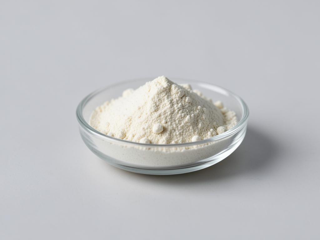 Pediococcus acidilactici shown as a free-flowing culture powder in a shallow dish in a neutral studio photograph