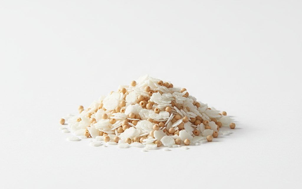 Grade confirmed at quotation — hard, white to off-white waxy solid presented as flakes or tan-colored beads with a mild fatty acid scent, studio product photograph