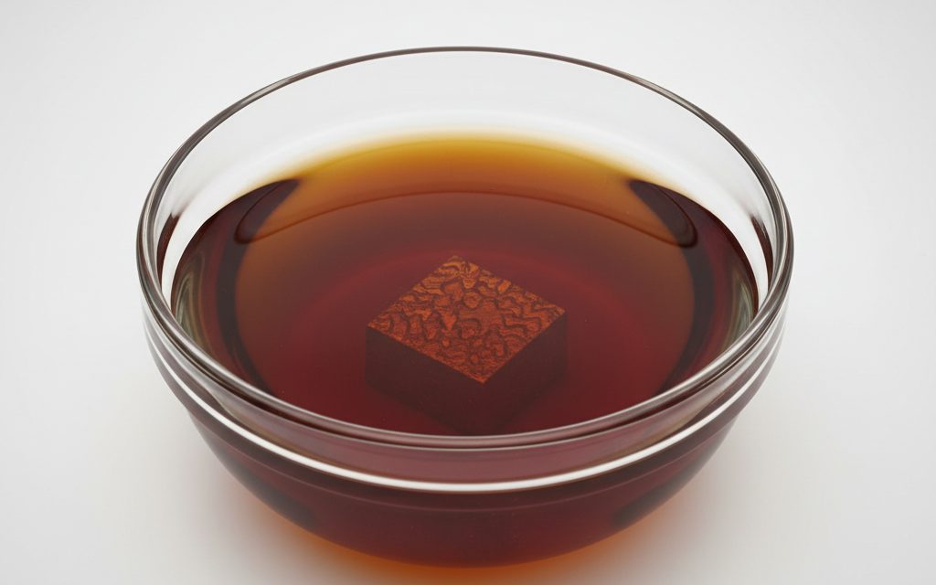 Grade confirmed at quotation — deep amber or reddish thin-bodied fluid with high capillary action, appearing as a low-surface-tension liquid that rapidly seeps into crevices, studio product photograph
