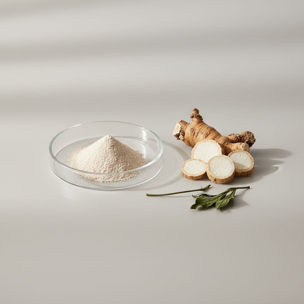 Illustrative studio sample of Peony Root Extract beside Paeonia lactiflora source material