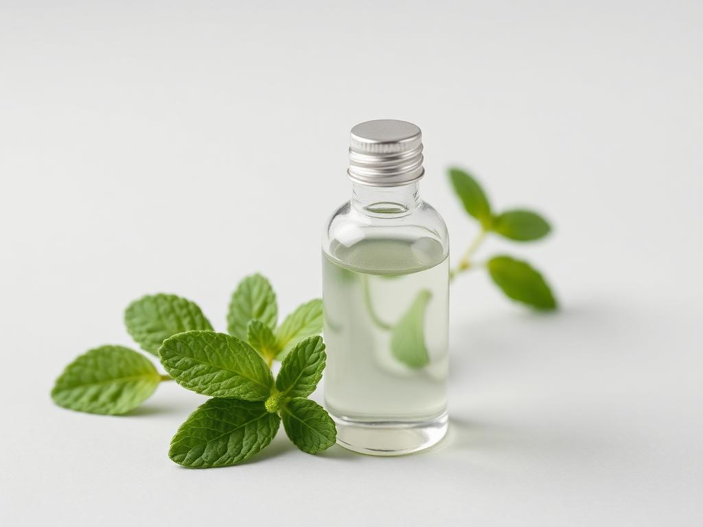Peppermint essential oil shown as a neutral studio photograph of a clear unlabelled glass vessel of oil beside peppermint leaves