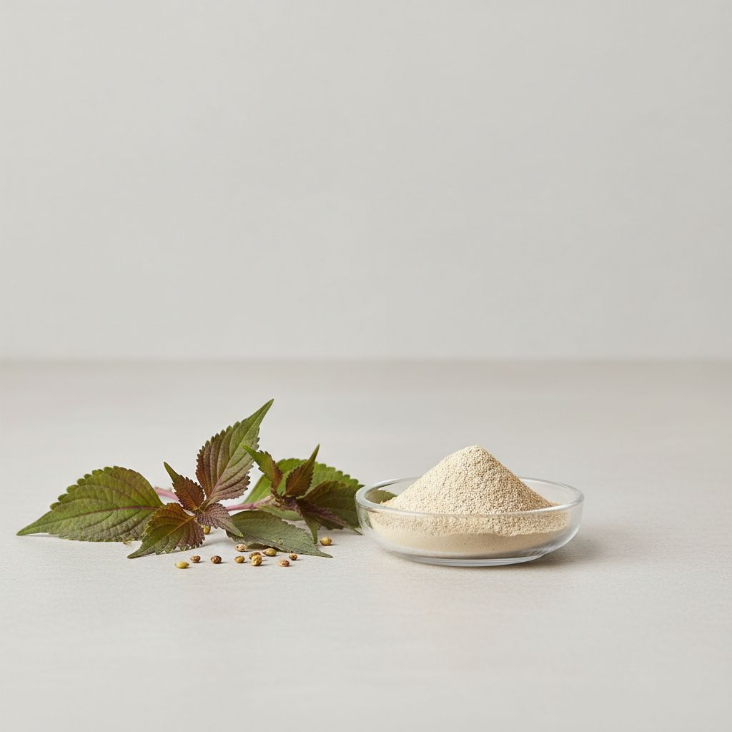 Illustrative studio sample of Perilla Extract beside Perilla frutescens source material
