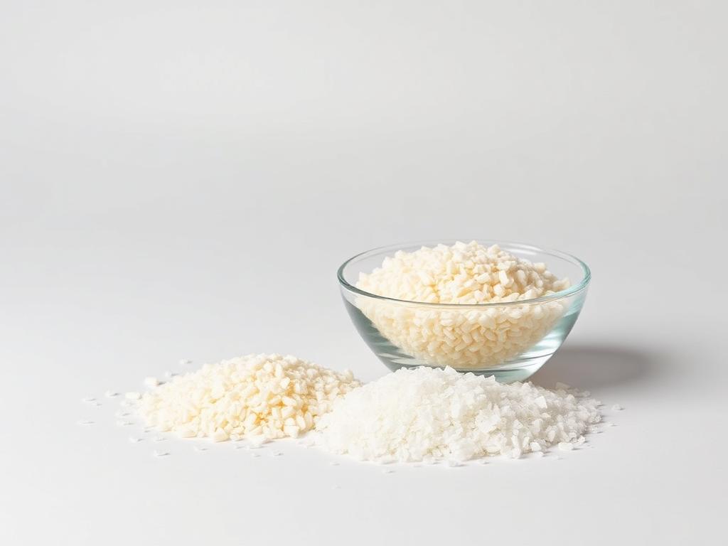Dish of pale chain extender granules beside recycled polyester flake on a neutral studio background