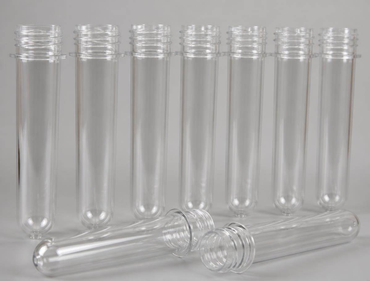 Clear injection-moulded PET bottle preforms with threaded necks — product illustration