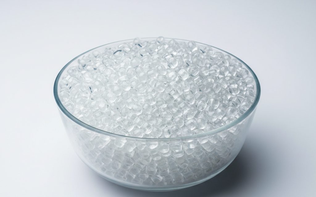 Grade confirmed at quotation — clear, transparent or slightly bluish-white glass-like pellets, uniform in size and highly rigid in a beaker, studio product photograph